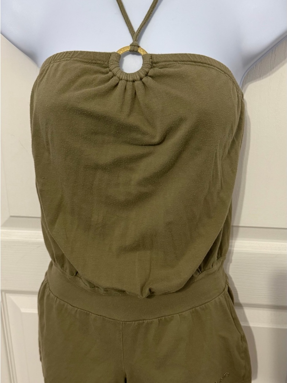 bebe Olive Strapless Jumpsuit with Gold Ring